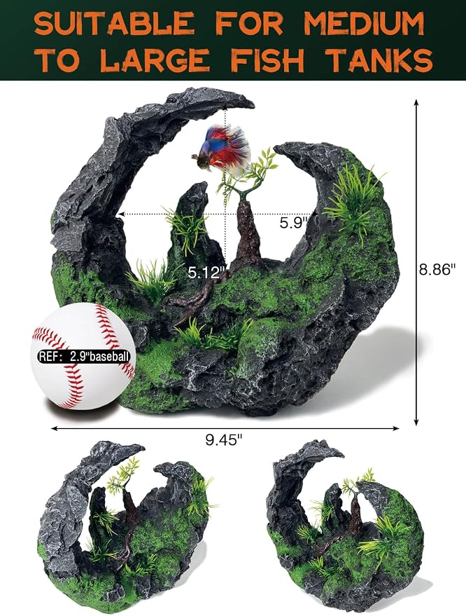 Aquarium Decor - Large Moon Shaped Cave Ornament for Fish Tank, Aquarium Hideout with Rock Texture for Betta, Guppy, Shrimp - Safe Aquatic Decoration,Fish Hiding House (Moon Valley)