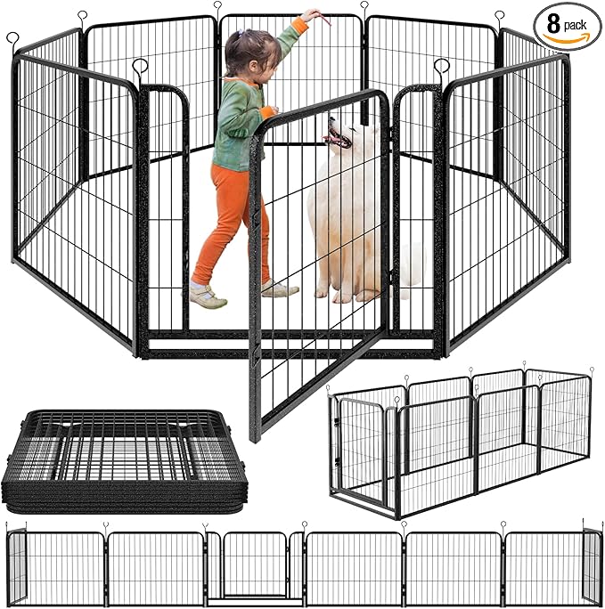 Kfvigoho Dog Playpen Outdoor Extra Wide 8 Piece Panels Heavy Duty Dog Fence 32" Height Anti-Rust with Doors Portable for RV Camping Yard, Total 21FT, 35 Sq.ft, Snowy Black