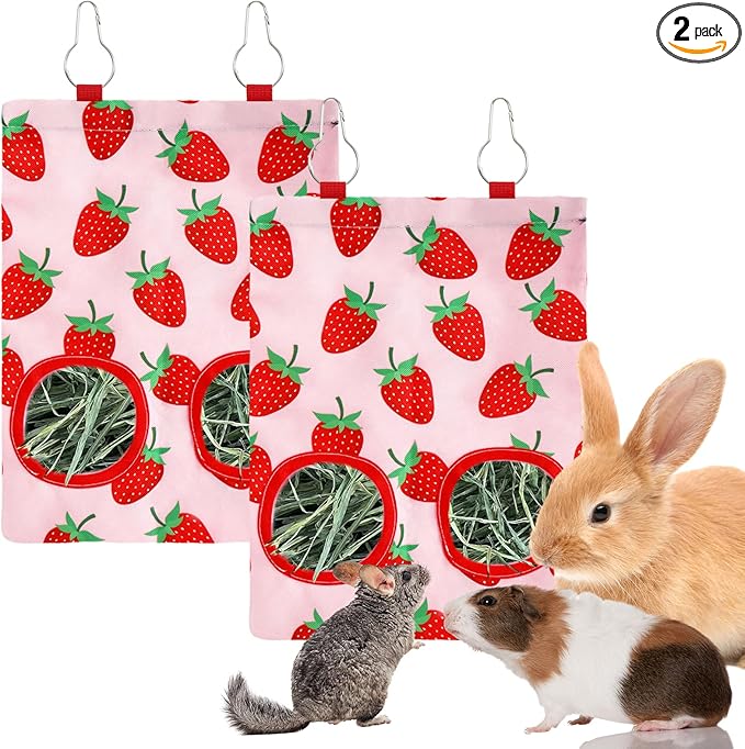 JarThenaAMCS 2Pcs Rabbit Hay Feeder Bag with 2 Holes Pink Strawberry Guinea Pig Hanging Hay Feeding Bag Storage Dispenser for Chinchilla Hamster Bunny Small Animal Pet