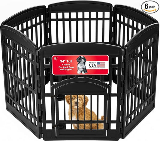 IRIS USA Dog Playpen with Door, 34” 6 Panel Pet Exercise Pen – Indoor Outdoor Puppy Play Pen, Portable Plastic Pet Fence for Small Medium Dogs, Foldable 44” x 63” x 34”, Black