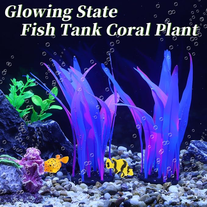 Aquarium Glowing Kelp Plant, Soft Silicone Glowing Decorations Blue 2pcs