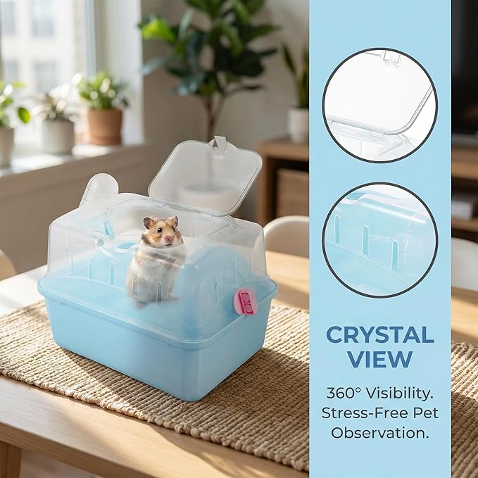 Portable Small Pet Carrier Cage for Travel - Transparent Ventilated Hamster/Gerbil/Rat/Guinea Pig Carrier with Secure Lock