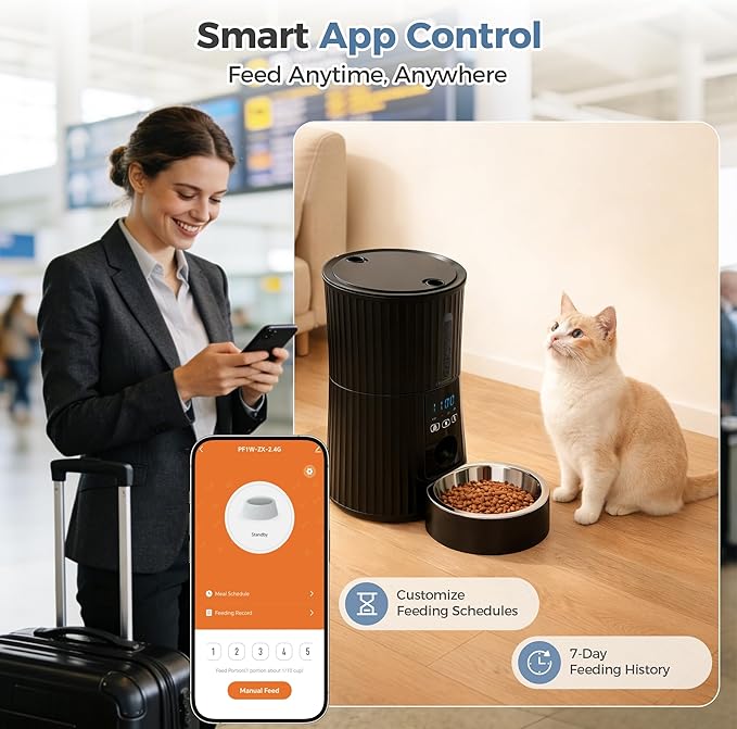 DUMOS 2.4G WiFi Automatic Cat Feeder, 4L Timed Cat Food Dispenser with APP Control, 10s Voice Recorder, Dual Power Supply, Indoor Programmable Pet Feeder with Desiccant for Small Cats and Dogs, Black
