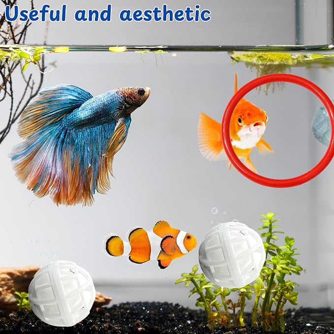 Betta Fish Exercise Ring and Filter Balls Set, Betta Ring and Turtle Water Cleaner Ball, Fish Feeder Rings with Nitrifying Balls, Betta Fishes Tank Toys, Aquatic Turtle Enrichment Toys (Red, M-70mm)