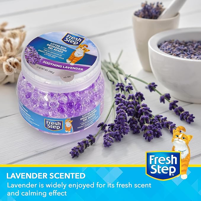 Fresh Step Litter Box Deodorizing Gel Beads, Soothing Lavender Scent, Neutralizes Pet Odors Around the Litter Box, Vented Lid for Continuous Fragrance Release, 12 Oz