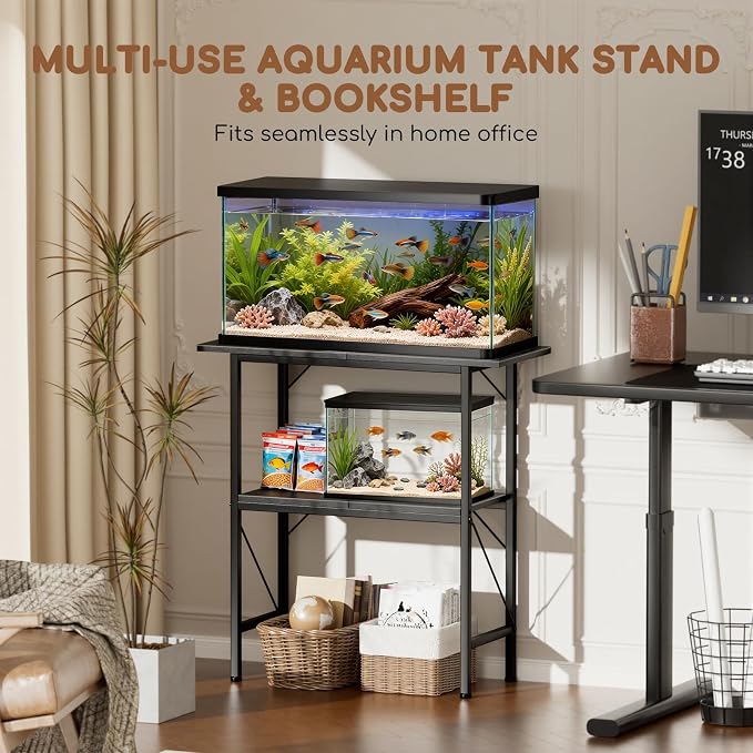 10-30 Gallon Fish Tank Stand with Storage Shelves, 2-Tier Aquarium Stand with Metal Frame, Heavy Duty Reptile Turtle Tank Stand for Home Office, 30" L x 11.8" W x 30.5" H, Black