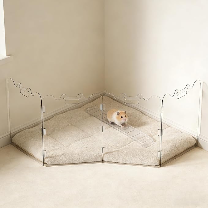 Clear Acrylic Pet Gate - 4 Panel，79” Width White, Indoor/Outdoor Use Foldable FreeStanding Puppy Gates for Dogs & Guinea Pigs, Doorway Stairs Barrier with Transparent Panels