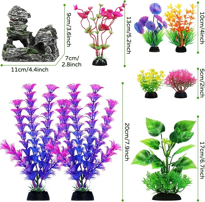 QUOZUO Fish Tank Decor Aquarium Decor, 9pcs Colorful Fish Tank Accessories Artificial Plants and Cave Rock Decor Set, Aquarium Decorations Plastic Plants