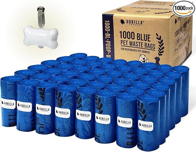 GORILLA SUPPLY 1000 Dog Poop Waste Bags with Dispenser and Leash Tie, 9" x 13", Blue, 1000 Count
