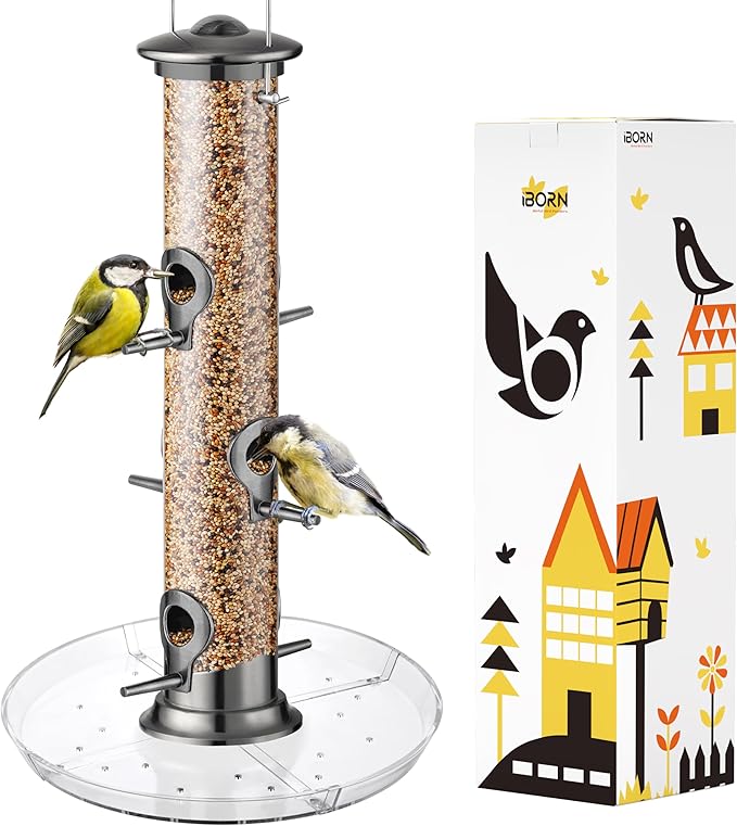 iBorn Bird Feeders Seed Catcher for Outside Hanging 6 Port Bird Feeder for Cardinal Birds Aluminium Metal,Brushed Black Nickel Finishing 14 Inch 6 Port (Seed is not Included)