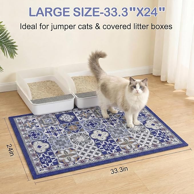 Glittme Cat Litter Mat with Non-Slip Bottom Litter Box Mat 33"X22" Litter Trapping Mat Easy to Clean Washable Cat Food Mat for Kitty,L