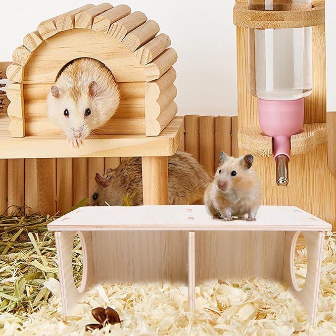 2 Pcs Hamster Hideouts, Wooden 2-Chamber Hideout-Tunnel Hamster Platform with Climbing Ladder