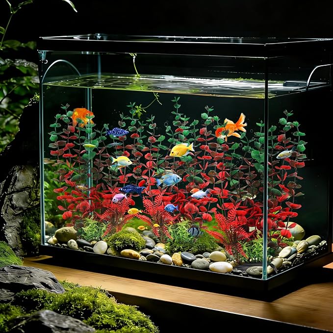 QUOZUO Aquarium Large Plants Decoration, Aquarium Decorations Artificial Plastic Plants, Dark Red Fish Tank Accessories 3pcs