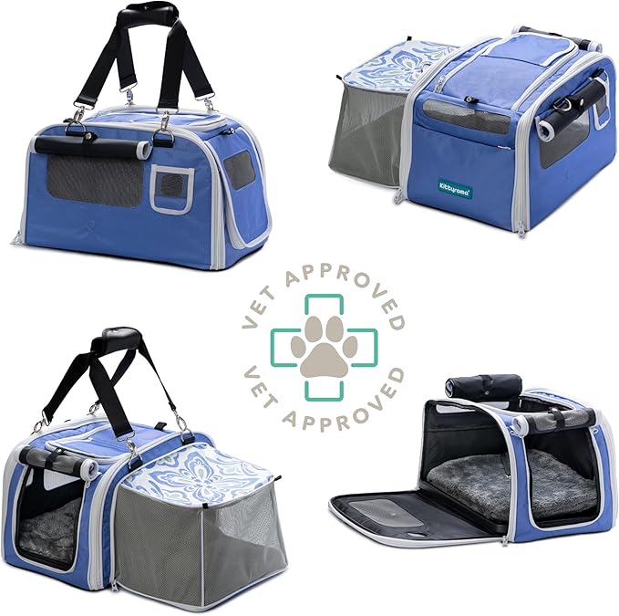Kittyrama Soft-Sided Airline Approved Cat Carrier with Expandable Hideaway | Escape-Proof SBS Self-Locking Zippers | 22 lb Capacity | Vet Approved | Top & Side Entry | 17×11×11 in