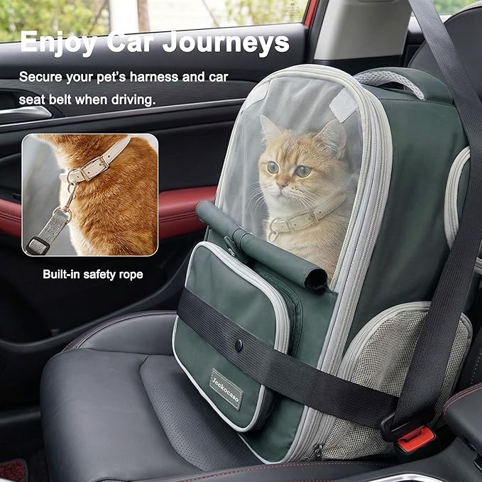 Cat Backpack Carrier Expandable, Breathable Mesh & Lockable Zippers & Shaded Curtains & Multi-Entry, Pet Backpack for Kitty Puppy Small Dogs Up to 18lbs for Travel, Hiking, Car, Vet(Green)
