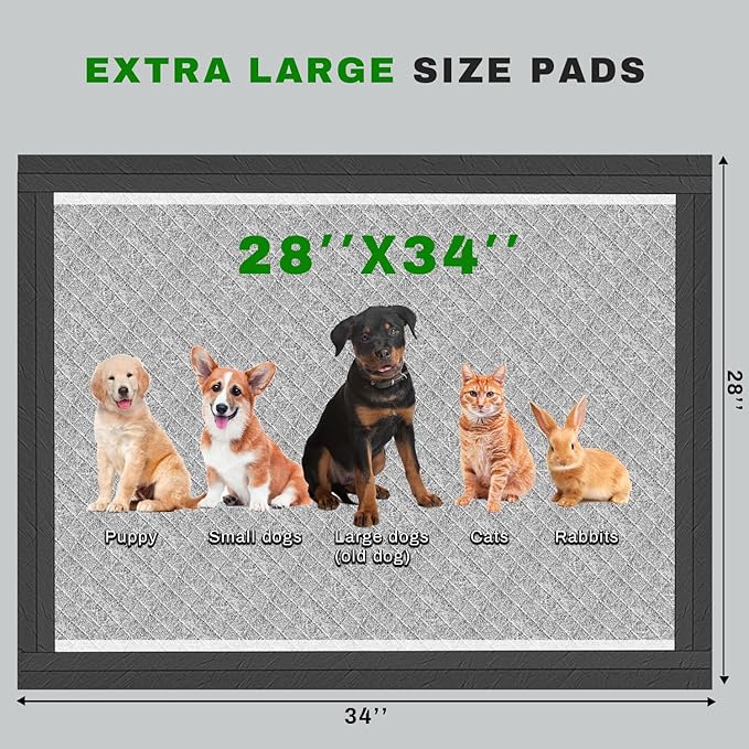 Charcoal Puppy Pads 28x34 Inches Extra Large Dog Pee Pads Odor-Control & Leak-Proof Disposable Pet Training Edge-Wrapping Thicken Potty Pad for Dogs, Cats, Rabbits (90 Pieces)