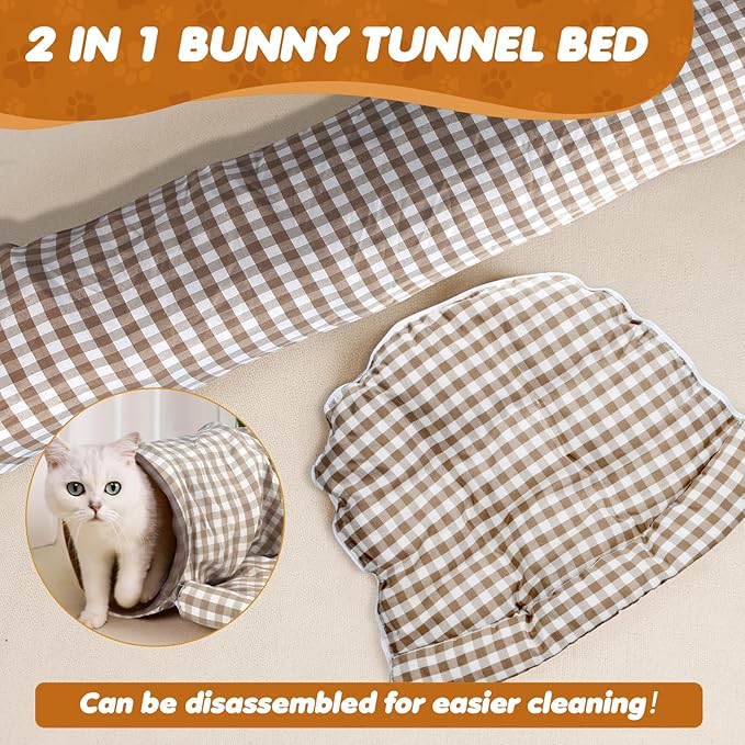 Spardar Bunny Tunnel Bed, 2-in-1 Collapsible Tunnel Tubes Toys, Washable, with Removable Mat Hideout, Interactive Toys for Rabbits Chinchilla Hedgehog Guinea Pigs Kitty, Checkered