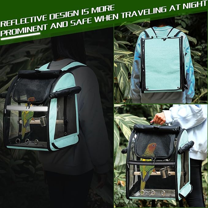 Bird Carrier Bag with Indestructible Stainless Steel Mesh, Bird Travel Cage with Stand, Easy to Clean Backpack for Parrot, Portable Bird Travel Bag, Green