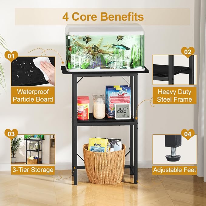 Snughome 10-20 Gallon Fish Tank Stand, Aquarium Stand 2-Tier Storage Shelves, Heavy Duty Terrarium Stand for Home Office Fish Tank Shelf, 24" L x 11.81" W x 30.71" H, Black