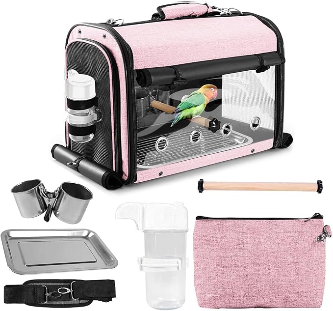 Bird Carrier Bag Bird Travel Cage with Stand, Lightweight Backpack for Parrot, Portable Bird Travel Bag, Pet Transparent Breathable Travel Cage, Pink