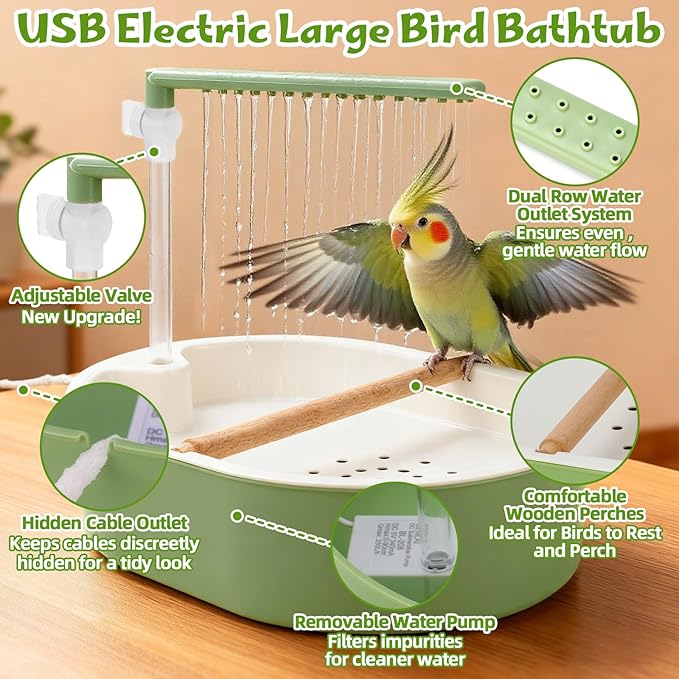 Parrot Shower for Cage, Automatic Parakeet Bird Bath with Circulating Water, USB Charging Quiet Pump Detachable Bathtub, for Small & Medium Birds Budgie, Cockatiel, Lovebird, Conure, Parrotlet, Quaker