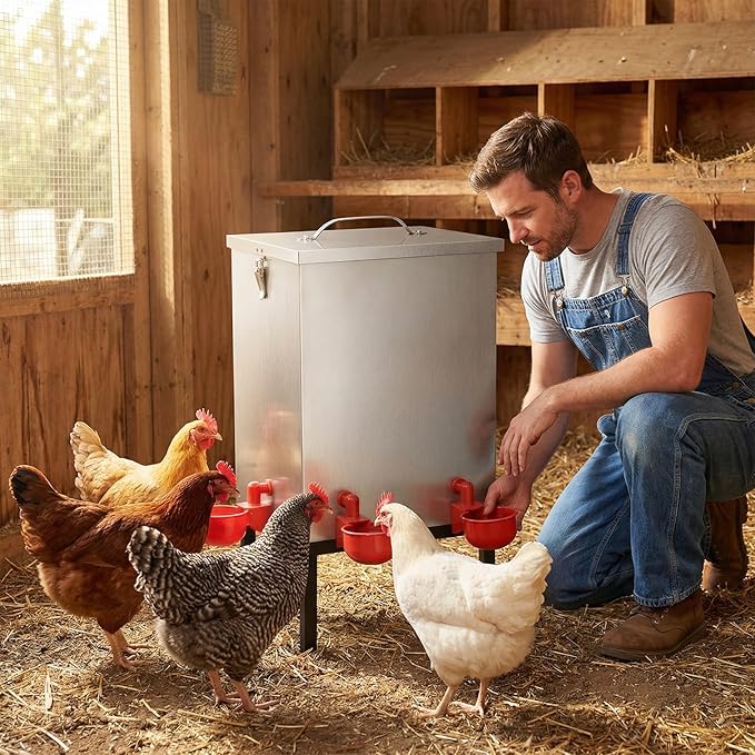 3 Gallon Chicken Waterer with Cups & Nipples, Stainless Steel Poultry Waterer for Backyard Coop, No-Spill, Easy to Clean, Ideal for Chickens, Ducks & Small Farms