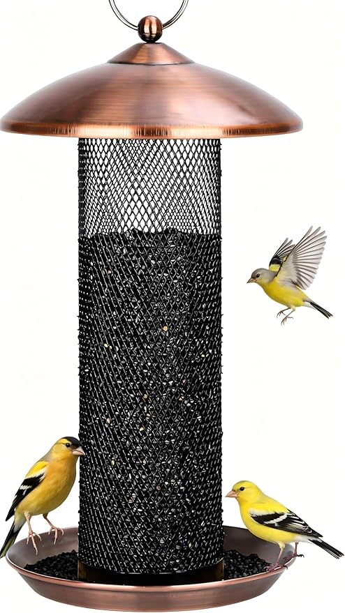 Gtongoko Finch Bird Feeders for Outdoors 2.5 LB Capacity Squirrel Proof Metal Mesh Tube Bird Feeders Thistle & Nyjer Seed Hanging Feeder, Copper, 1 Pack