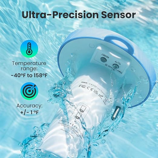 Pool Thermometer Floating, Digital Swimming Pool Thermometer, IPX8 Waterproof with Double Sided Display for Pond, Hot Tub, Aquarium (Light Blue, Battery Powered)