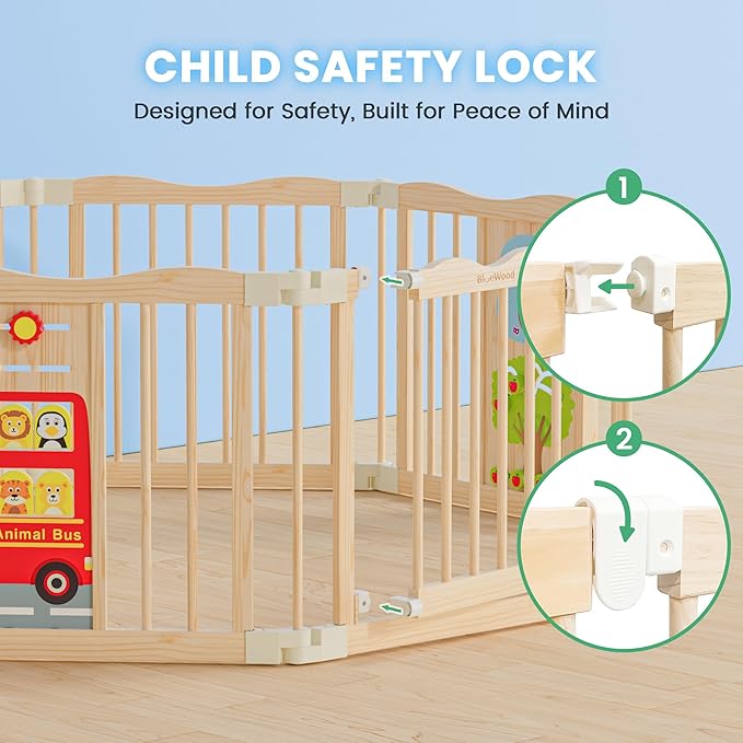 Foldable Wooden Playpen - Adjustable Wood Baby Play Yard with Child-Proof Lock, Indoor Large Safety Fence for Babies and Toddlers - Easy Assembly, 55 x 55 x 24 inches, Animal Bus, Natural