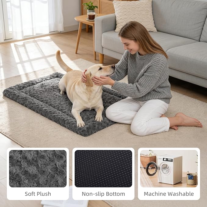 Washable Dog Bed Mat Crate Pad Soft Fluffy Pet Kennel Beds Dog Sleeping Mattress for Large Jumbo Medium Small Dogs, 42 x 28 Inch, Gray