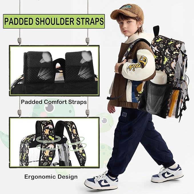 Clear Backpack for Boys, School Kids Heavy Duty See Through Bookbag Dinosaur Transparent Backpacks with Thicker Straps, Blue