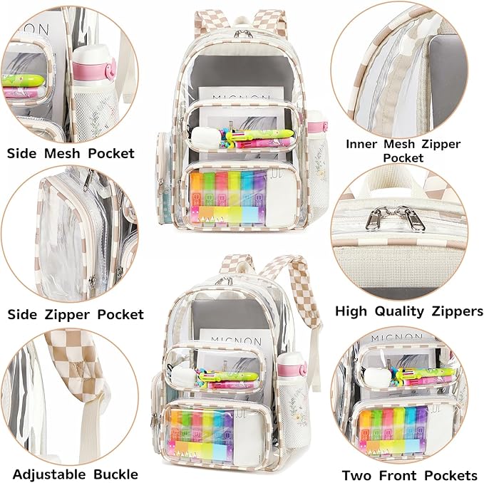 CAMTOP Clear Backpack Heavy Duty Transparent Bag See Through BookBag for Student School Work Festival Sport Travel (Khaki)