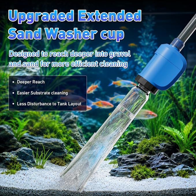 6-in-1 Electric Aquarium Gravel Cleaner, 530GPH Fish Tank Vacuum Cleaner with Upgraded Extended Sand Washer Cup, Water Changer, Debris Remover & Circulation Pump, Quiet 32W Pump for Freshwater Tanks