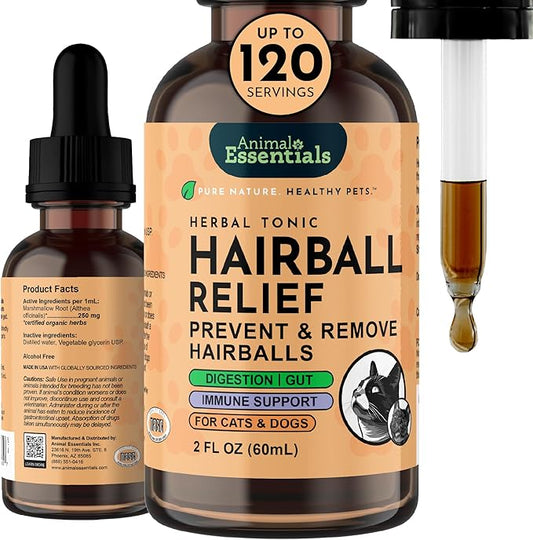 Animal Essentials Hairball Relief Formula - Hairball Treatment for Dogs and Cats, Hairball Medicine, Hairball Remedy, Marshmallow Root Extract - 2 Fl Oz