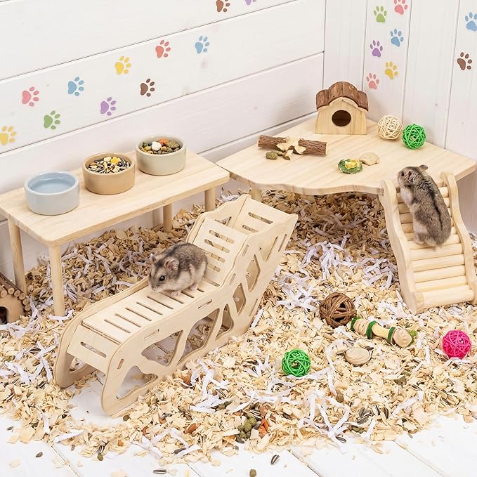 BreezeHug 4 Pcs Hamster Platform Hideout Wooden Tunnel Ladder Playhouse Hamster Game Climbing Toy with Platform Cage Accessories for Pets Dwarf Syrian Mice Degus Gerbils Squirrel(Tunnel)