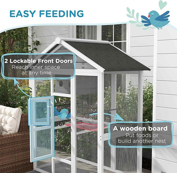 PawHut 64.5" Wooden Bird Cage Aviary, Flight Cage with 4 Perches, Nest and Slide-Out Tray for Indoor/Outdoor, Gray