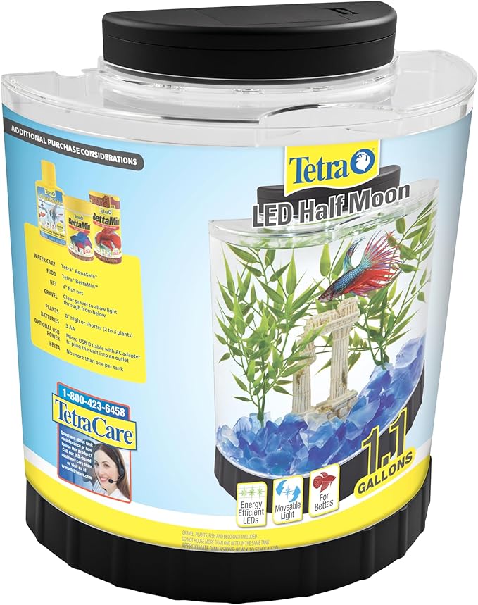 Tetra LED Half Moon Aquarium Kit, 1.1 Gallons, Small, Clear Plastic Fish Tank With Curved Front, Easy Feeding And Movable, Energy-Efficient LEDs Ideal For Bettas Great As Desk Aquarium