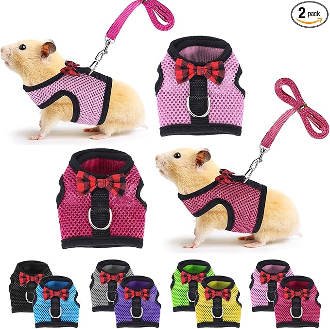 Guinea Pig Harness and Leash, Guinea Pigs Harness, Guinea Pig Leash, Hamster Harness can be Adjusted to Any Size Soft Mesh Harness Leash with Bow for Decoration (2packs)