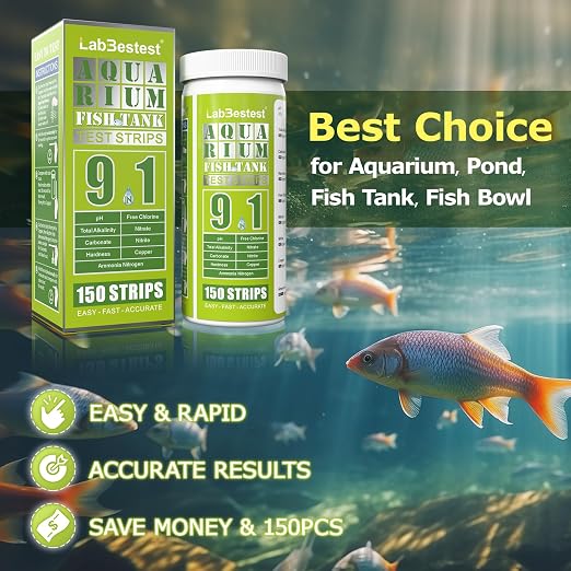 Aquarium Ammonia Test Strips Kit Fish Tank Test Strips (9-Way) | Pond Water Testing Kit for Freshwater Saltwater - Rapid Accurate Easy to Test Carbonate, Nitrate, Nitrite, Ammonia and More