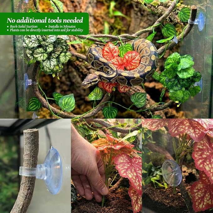 5 Pc Reptile Plants & Habitat Decor Kit - 3 Artificial Plants & Large 3.3ft Jungle Vine Branch, Amphibian Habitat Hideout Decor Accessories for Crested Gecko, Bearded Dragon, Lizard, Snake,Hermit Crab