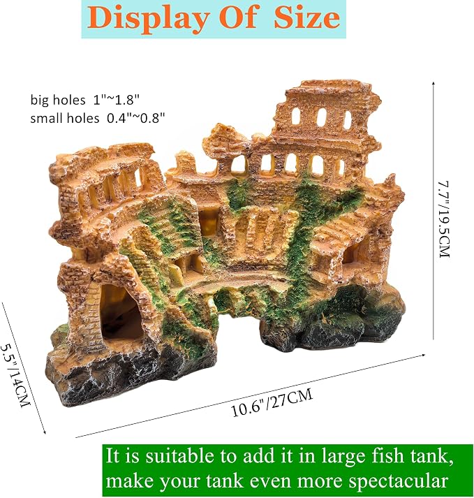 M2cbridge Aquarium Decor Antique Roman Column Ruin Rome Colosseum | Natural colors careful craft, perfect resting spot, solid and sturdy