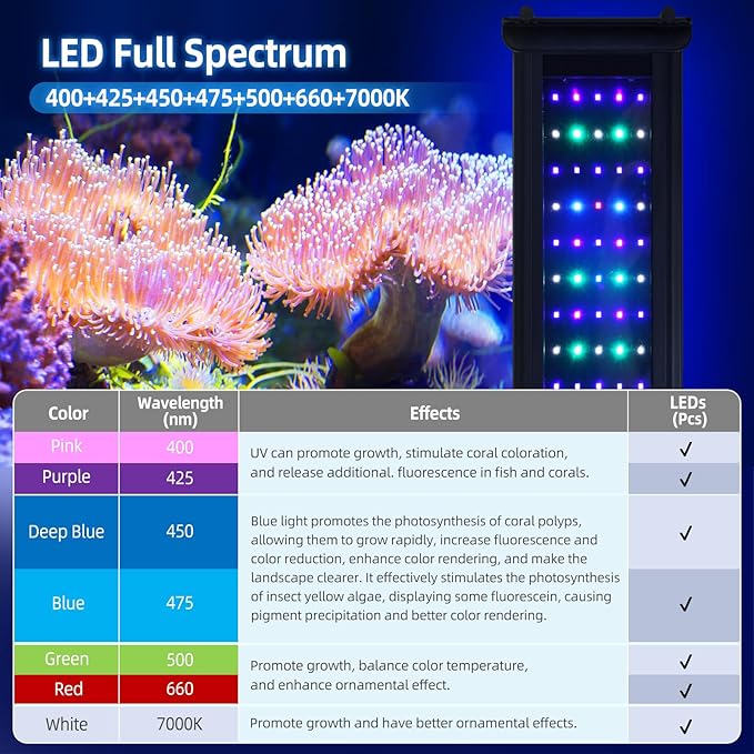 24W LED Saltwater Aquarium Light, Marine Reef Lights for Coral with White, Blue, Cyan, UV Violet LEDs Dimmer 7/24 Timer for SPS/LPS Corals Fish Tanks(12-18in)