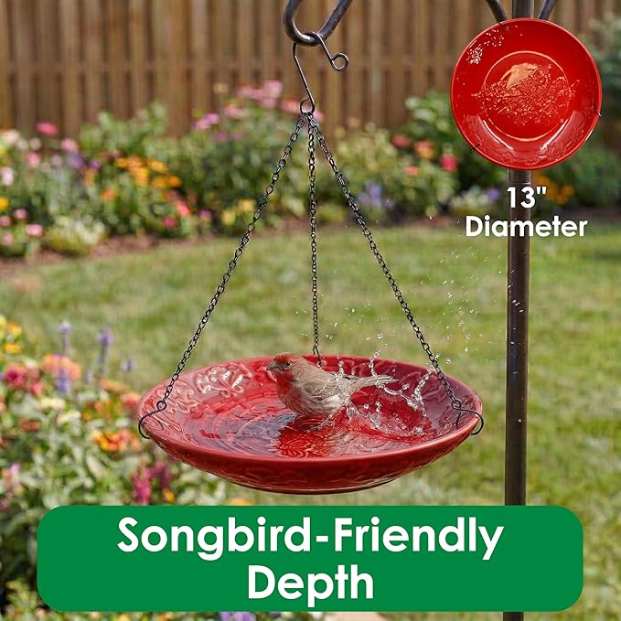 Red Ceramic Bird Bath Bowl - Hanging Bird Baths for Outdoors - 12-Inch Glazed Ceramic Bowl with Embossed Cardinal & Dogwood Design - Metal Chain & Hook