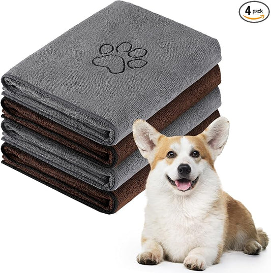 Chumia 4 Pack Dog Towels for Drying Large Microfiber Grooming Tools Absorbent Soft Bath Supplies with Embroidered Paw for Small Medium Pet Products(16 x 32 Inch,Gray, Coffee)