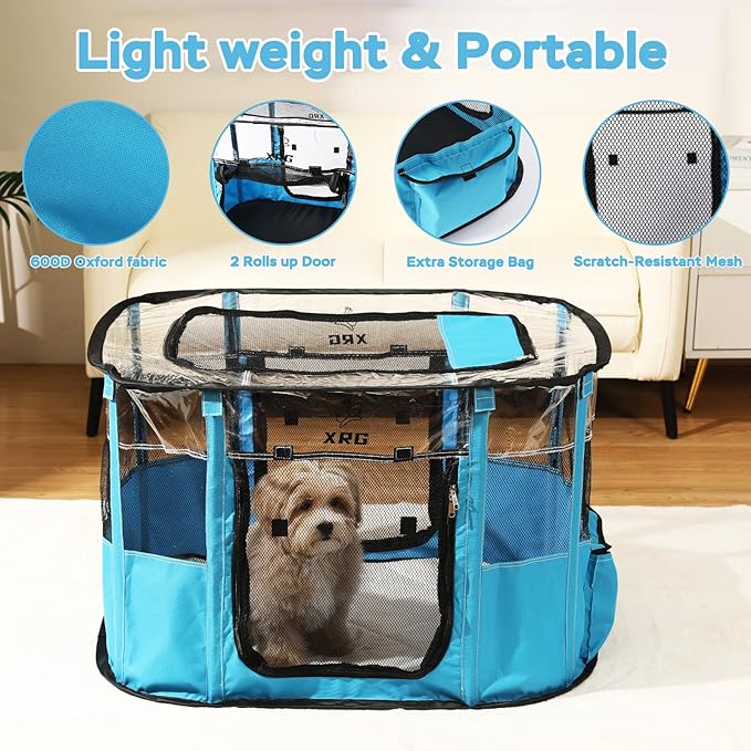 Portable Pet Playpen with Waterproof pad, Collapsible Crates Kennel Playpen for Dog cat and Rabbit &Travel playpen Outdoor or Indoor (Medium（31.5" L x 23.6" W x 21.7" H）, Clear Blue)