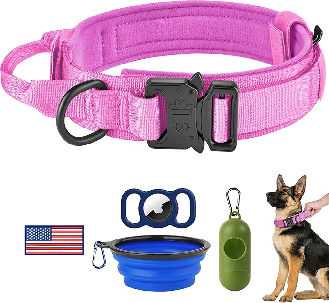HYDEME Tactical Dog Collar Adjustable Nylon Collar with Control Handle and Heavy Metal Buckle for Medium and Large Dogs, with Patches&Airtags Case&Poop Bag Dispenser&Portable Bowl.(XL, Pink)