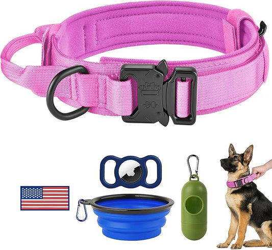 HYDEME Tactical Dog Collar Adjustable Nylon Collar with Control Handle and Heavy Metal Buckle for Medium and Large Dogs, with Patches&Airtags Case&Poop Bag Dispenser&Portable Bowl.(XL, Pink)