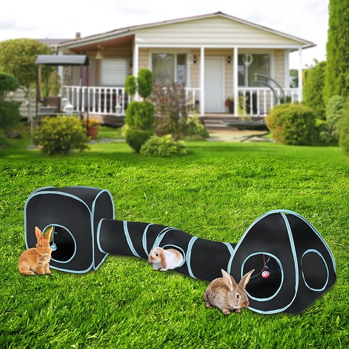 YUEPET Rabbit Tunnel and Cube Collapsible Tent Bunny Interactive Crinkle Tunnel Toys Small Animal Hideout with Play Ball for Dwarf Rabbit Bunny Guinea Pig (Blue Black)