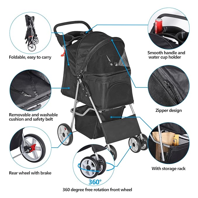Pet Stroller for Dogs, Black 4 Wheels Cat Strolling Cart Foldable Travel Carrier, Waterproof Puppy Jogger Stroller with Storage Basket & Cup Holder