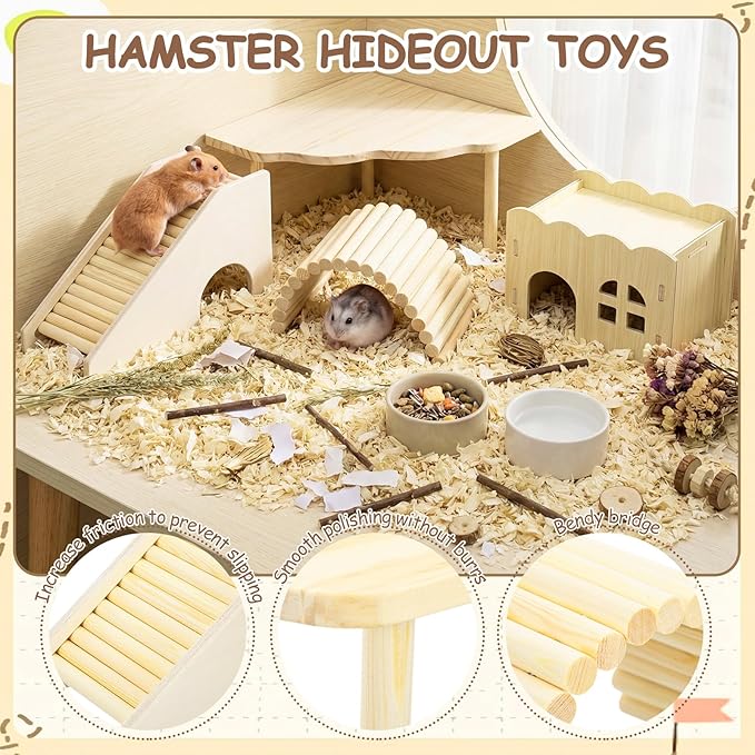 BreezeHug 4 Pcs Hamster Platform Hideout Wooden Tunnel Ladder Playhouse Hamster Game Climbing Toy with Platform Cage Accessories for Pets Dwarf Syrian Mice Degus Gerbils Squirrel(Wave)